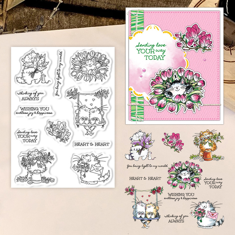 Clear Silicone Stamps For Card Making - Suncraft Urocze Kotki i Kwiaty Przezroczysty